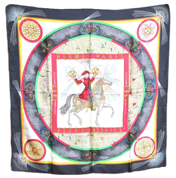 Authentic HERMES Carre 90 Scarf "FEUX D'ARTIFICE" Silk Black Red J6672