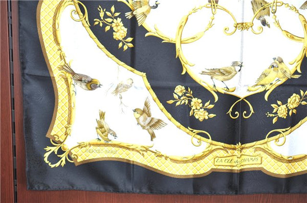 Authentic HERMES Carre 90 Scarf "La CLE des Champs" Silk Black J6744