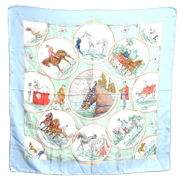 Authentic HERMES Carre 90 Scarf "Auteuil en Mai" Silk Light Blue Green J6851