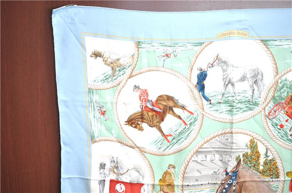 Authentic HERMES Carre 90 Scarf "Auteuil en Mai" Silk Light Blue Green J6851