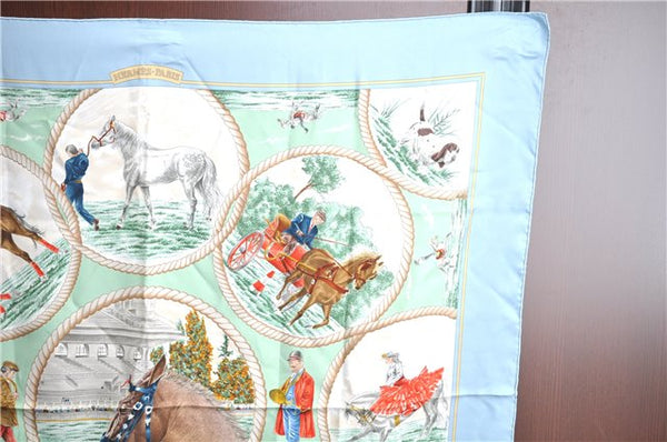 Authentic HERMES Carre 90 Scarf "Auteuil en Mai" Silk Light Blue Green J6851