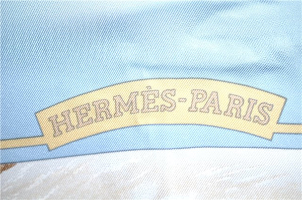 Authentic HERMES Carre 90 Scarf "Auteuil en Mai" Silk Light Blue Green J6851