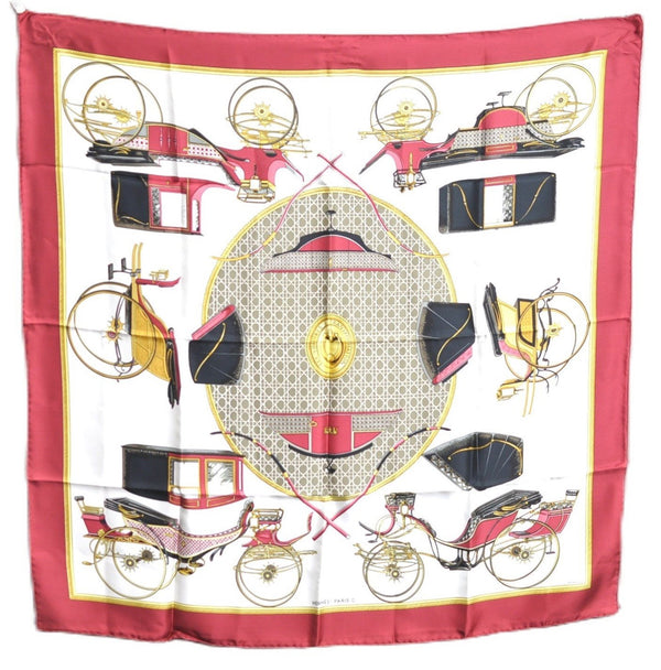 Authentic HERMES Carre 90 Scarf "LES VOITURES A TRANSFORMATION" Silk Red J6852