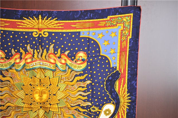 Authentic HERMES Carre 90 Scarf "CARPE DIEM" Silk Red Navy Gold J6862