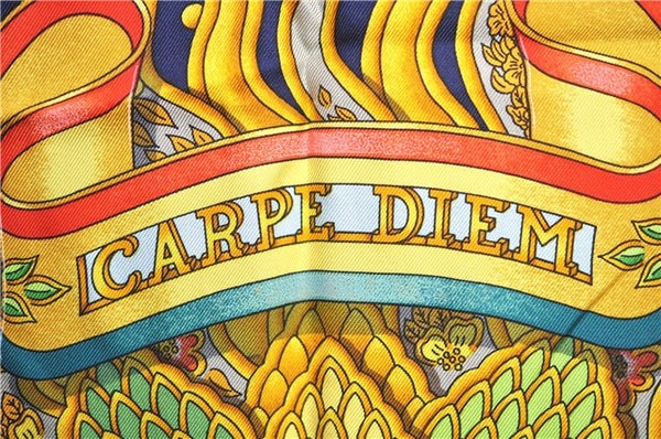 Authentic HERMES Carre 90 Scarf "CARPE DIEM" Silk Red Navy Gold J6862