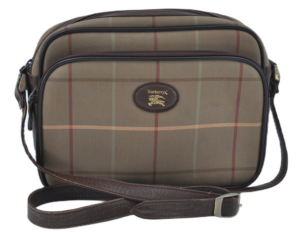 Authentic Burberrys Check Shoulder Cross Body Bag Canvas Leather Khaki J6883