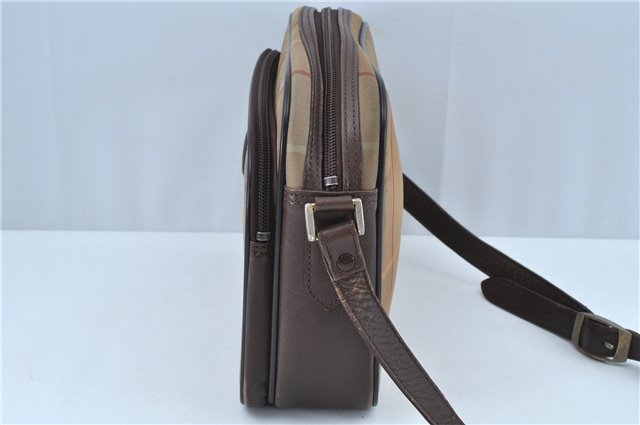 Authentic Burberrys Check Shoulder Cross Body Bag Canvas Leather Khaki J6883