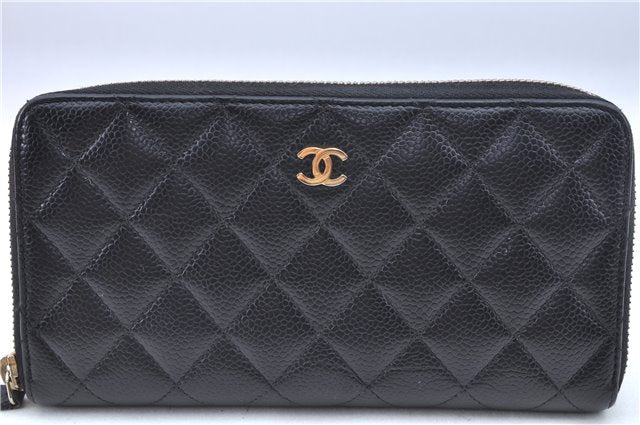 Authentic CHANEL Matelasse Caviar Skin CC Logo Long Wallet Purse Black Box J6974