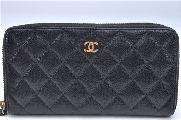 Authentic CHANEL Matelasse Caviar Skin CC Logo Long Wallet Purse Black Box J6974