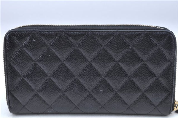 Authentic CHANEL Matelasse Caviar Skin CC Logo Long Wallet Purse Black Box J6974