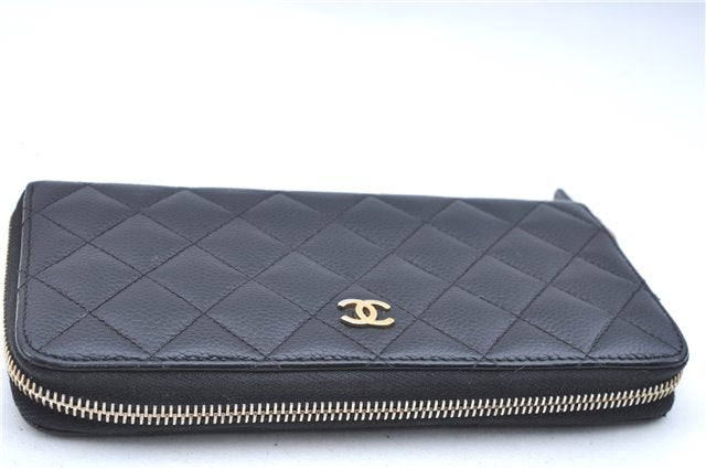 Authentic CHANEL Matelasse Caviar Skin CC Logo Long Wallet Purse Black Box J6974