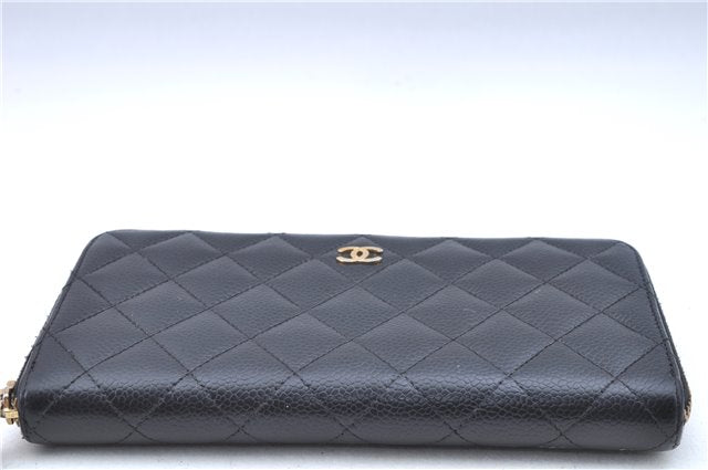 Authentic CHANEL Matelasse Caviar Skin CC Logo Long Wallet Purse Black Box J6974