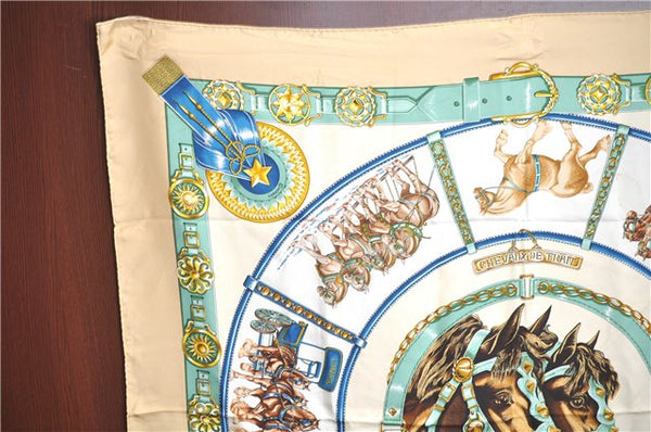 Authentic HERMES Carre 90 Scarf "CHEVAUX DE TRAIT" Silk Beige Blue J6977