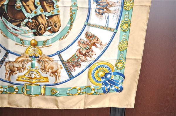 Authentic HERMES Carre 90 Scarf "CHEVAUX DE TRAIT" Silk Beige Blue J6977