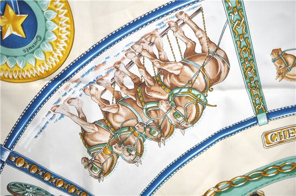 Authentic HERMES Carre 90 Scarf "CHEVAUX DE TRAIT" Silk Beige Blue J6977