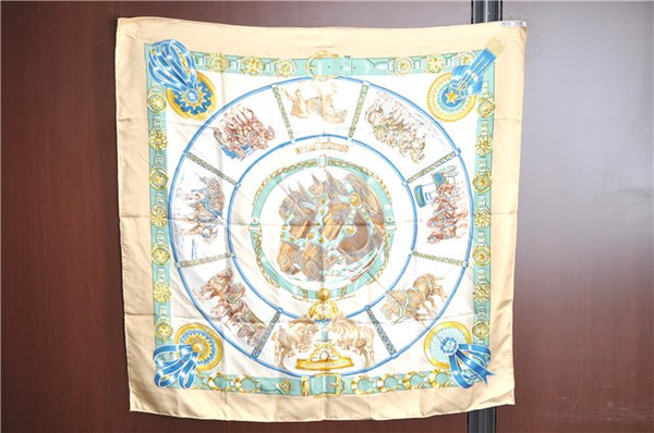 Authentic HERMES Carre 90 Scarf "CHEVAUX DE TRAIT" Silk Beige Blue J6977