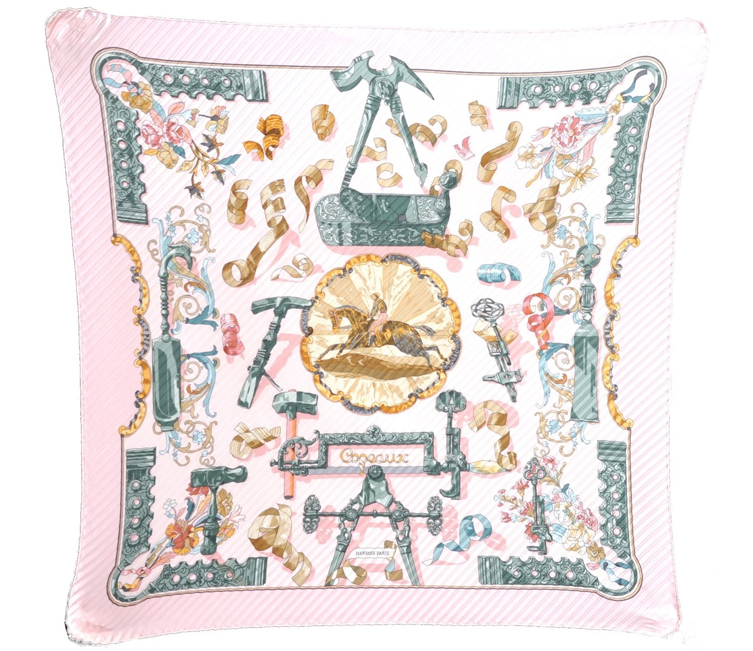 Authentic HERMES Pleats Scarf Horse riding Motif Silk Light Pink Box J6988