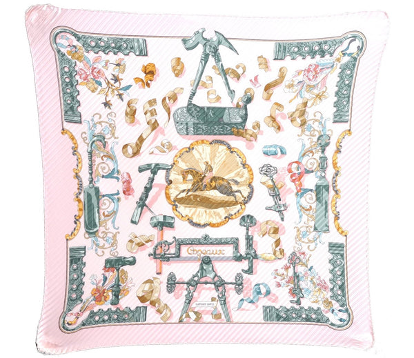 Authentic HERMES Pleats Scarf Horse riding Motif Silk Light Pink Box J6988