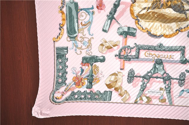 Authentic HERMES Pleats Scarf Horse riding Motif Silk Light Pink Box J6988