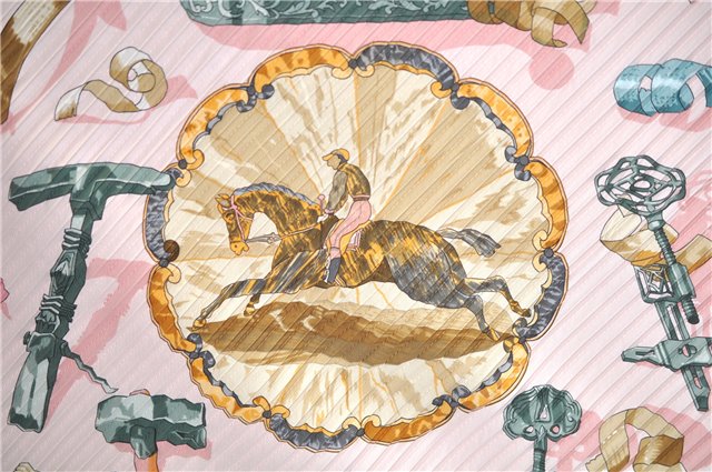 Authentic HERMES Pleats Scarf Horse riding Motif Silk Light Pink Box J6988