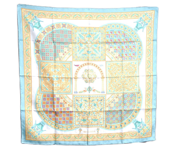 Authentic HERMES Carre 90 Scarf "Ciels Byzantins" Silk Light Blue Yellow J6993