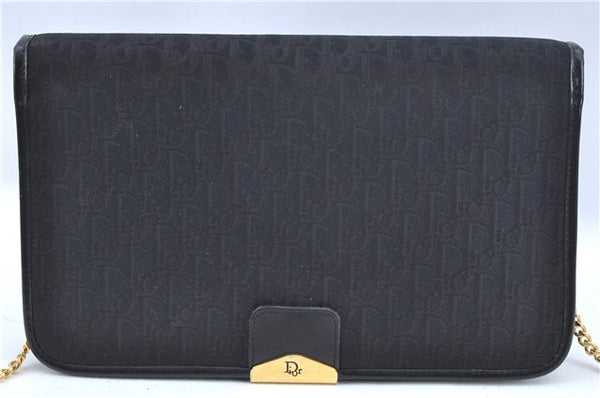 Authentic Christian Dior Trotter Chain Shoulder Cross Bag Canvas Black CD J7004