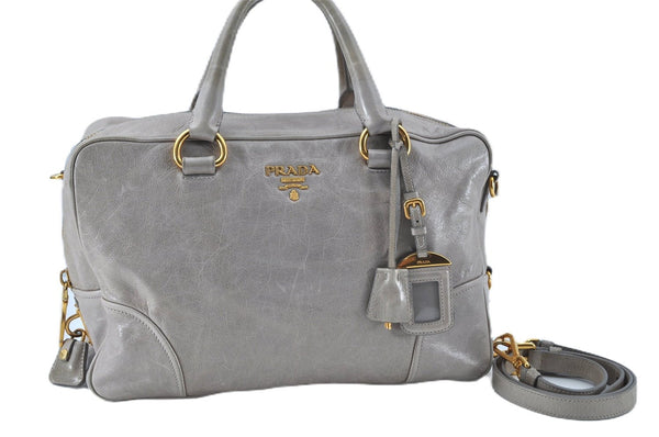 Authentic PRADA Leather Nappa 2Way Shoulder Hand Bag Light Gray J7014