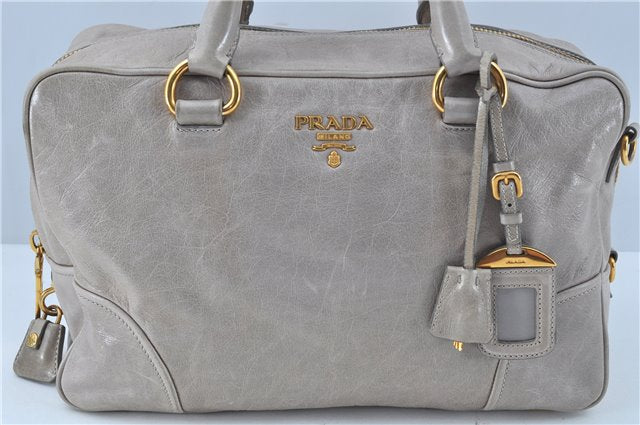 Authentic PRADA Leather Nappa 2Way Shoulder Hand Bag Light Gray J7014