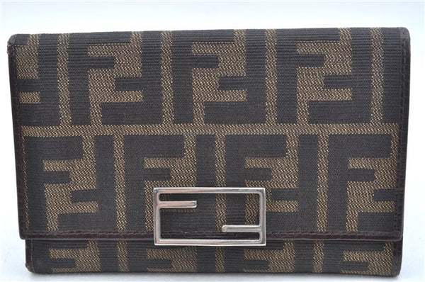 Authentic FENDI Zucca Trifold Wallet Purse Canvas Leather Brown J7020