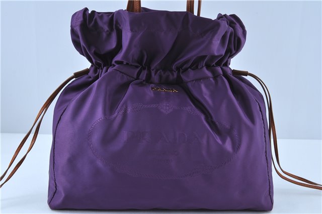 Authentic PRADA Nylon Tessuto Leather Tote Drawstring Bag Purple Brown J7022