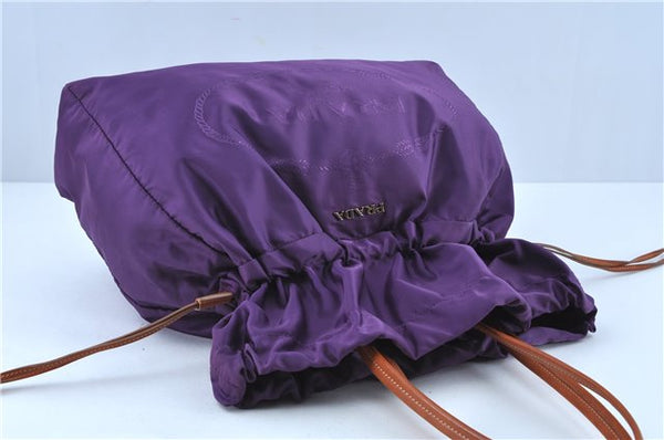 Authentic PRADA Nylon Tessuto Leather Tote Drawstring Bag Purple Brown J7022