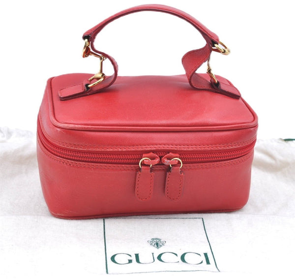 Authentic GUCCI Horsebit Vanity Hand Bag Purse Leather Red J7027