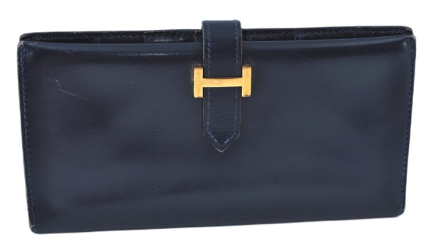 Authentic HERMES Bearn Soufflet Leather Long Wallet Purse Navy Blue J7029