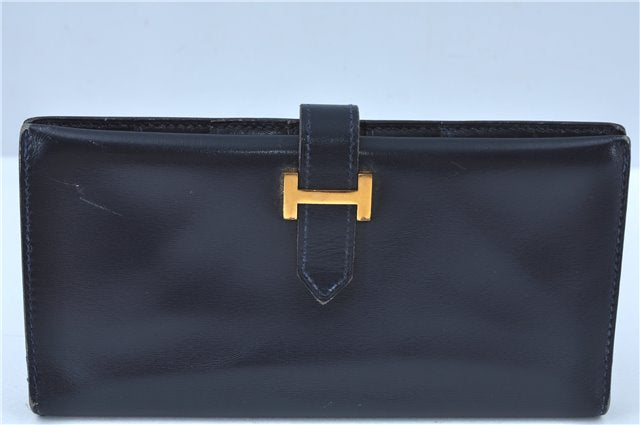 Authentic HERMES Bearn Soufflet Leather Long Wallet Purse Navy Blue J7029