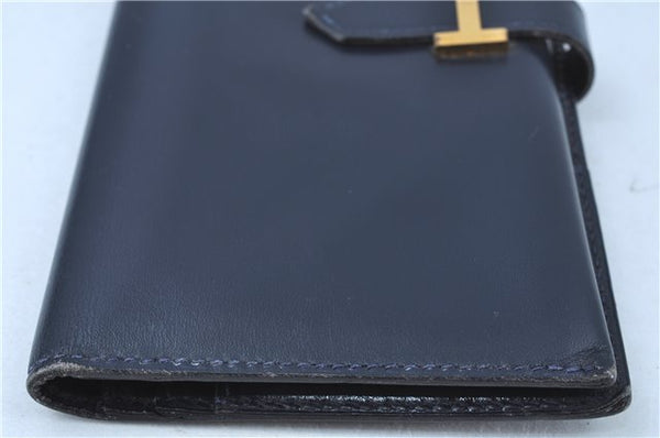 Authentic HERMES Bearn Soufflet Leather Long Wallet Purse Navy Blue J7029