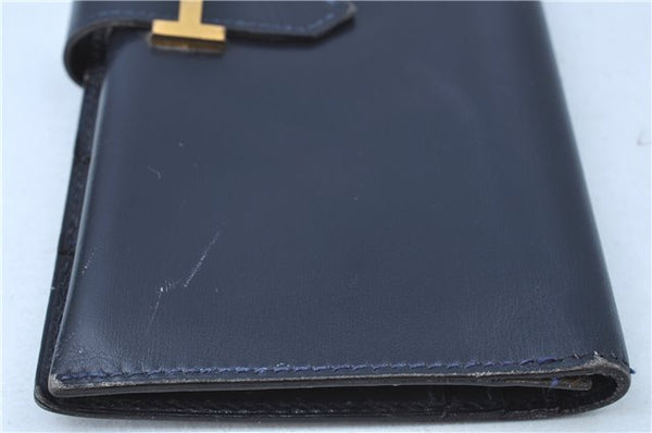 Authentic HERMES Bearn Soufflet Leather Long Wallet Purse Navy Blue J7029