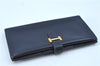 Authentic HERMES Bearn Soufflet Leather Long Wallet Purse Navy Blue J7029