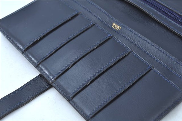 Authentic HERMES Bearn Soufflet Leather Long Wallet Purse Navy Blue J7029