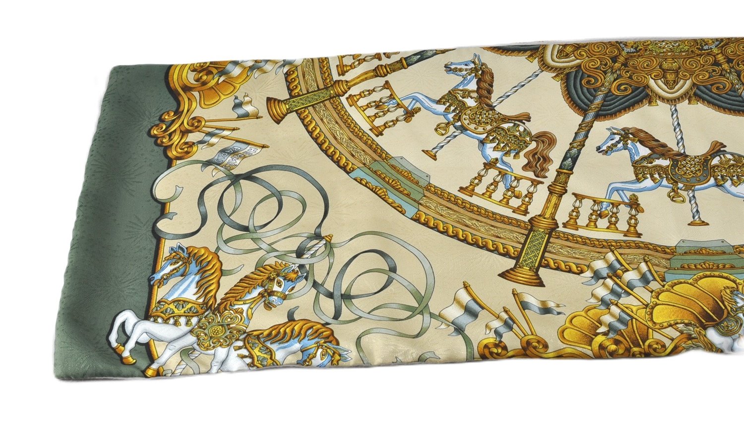 Authentic HERMES Winter Scarf Merry-Go-Round Motif Silk Wool Khaki Green J7032