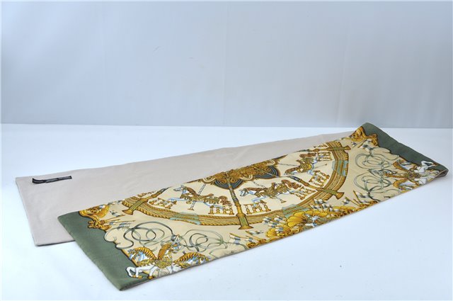 Authentic HERMES Winter Scarf Merry-Go-Round Motif Silk Wool Khaki Green J7032