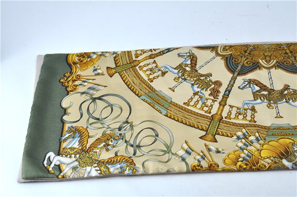 Authentic HERMES Winter Scarf Merry-Go-Round Motif Silk Wool Khaki Green J7032