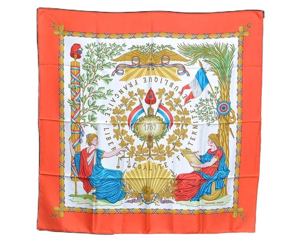 Authentic HERMES Carre 90 Scarf "LIBERTE EGALITE FRATERNITE" Silk Orange J7037