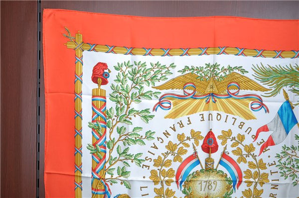 Authentic HERMES Carre 90 Scarf "LIBERTE EGALITE FRATERNITE" Silk Orange J7037