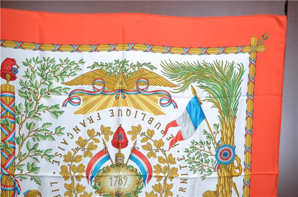 Authentic HERMES Carre 90 Scarf "LIBERTE EGALITE FRATERNITE" Silk Orange J7037