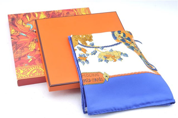 Authentic HERMES Carre 90 Scarf "SAMOURAI" Silk Blue Box J7039