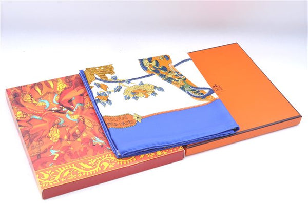 Authentic HERMES Carre 90 Scarf "SAMOURAI" Silk Blue Box J7039