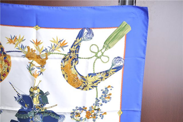 Authentic HERMES Carre 90 Scarf "SAMOURAI" Silk Blue Box J7039