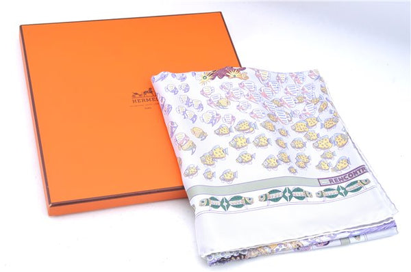 Authentic HERMES Carre 90 Scarf "RENCONTRE OCEANE" Silk White Light Purple J7040