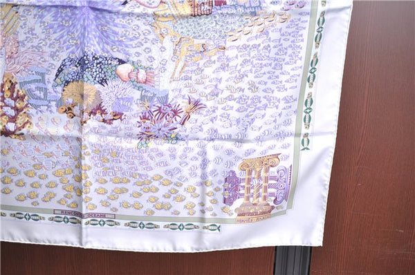 Authentic HERMES Carre 90 Scarf "RENCONTRE OCEANE" Silk White Light Purple J7040