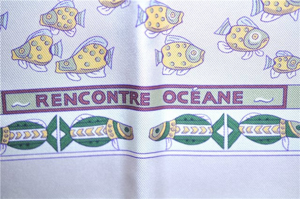 Authentic HERMES Carre 90 Scarf "RENCONTRE OCEANE" Silk White Light Purple J7040